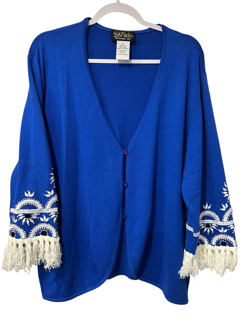 Bob Mackie Vintage Wearable Art Cardigan Blue Embroidered Beaded Fringe Boho XL